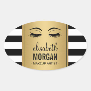 Eyelashes Logo Makeup Artist Gold Stripes Oval Sticker