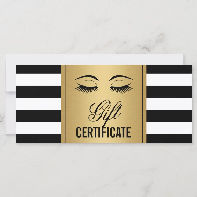 Eyelashes Makeup Gift Certificate Gold B&W Stripes (Front)