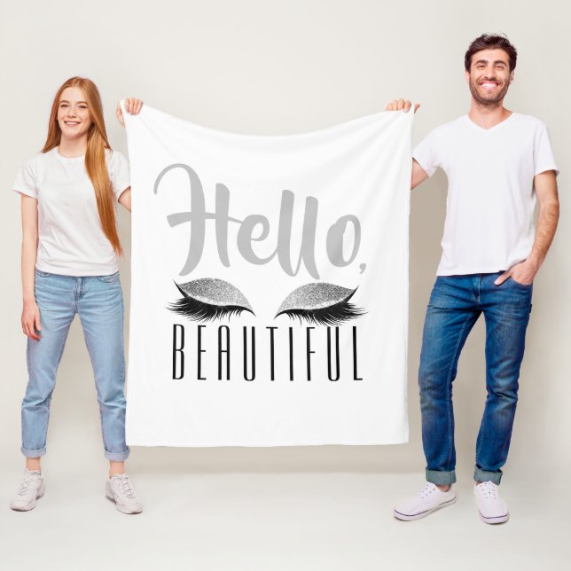 Eyelashes Makeup Hello Beautiful Black and White Fleece Blanket (In Situ)