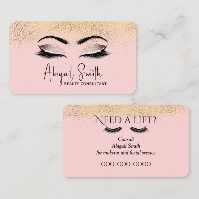 Eyelashes with Gold Glitter on Pink Business Card (Front/Back)
