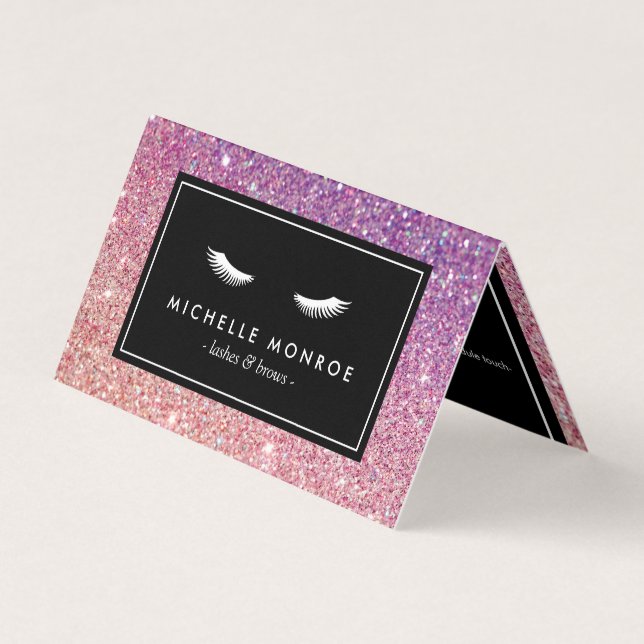 Eyelashes with Purple/Pink Glitter Salon Aftercare Business Card (Front)