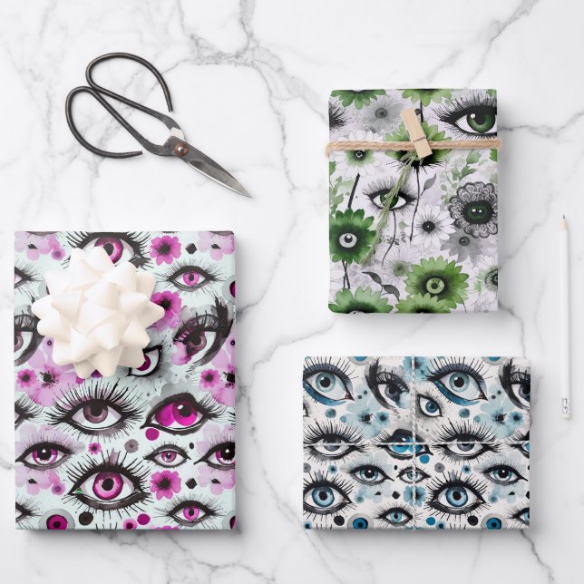 Eyes and Lashes Watercolor Florals Wrapping Paper Sheet (Front)