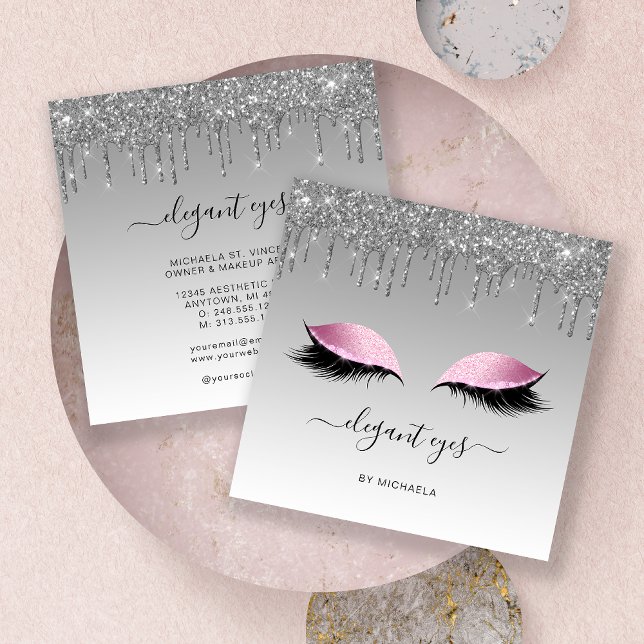 Eyes Glitter Drip Makeup Artist Silver Pink Square Business Card (Creator Uploaded)