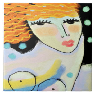 Eyes Wide Open Abstract Digital Portrait of Woman Tile