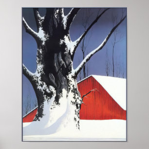 Eyvind Earle - Red Barn and Tree Snow - 1976; Uni Poster