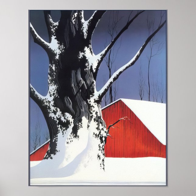 Eyvind Earle -  Red Barn and Tree Snow - 1976; Uni Poster (Front)