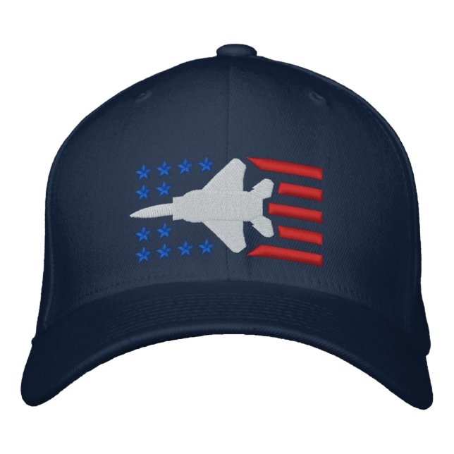 F-15 Fighter Jet Stars and Stripes Red White Blue Embroidered Hat (Front)