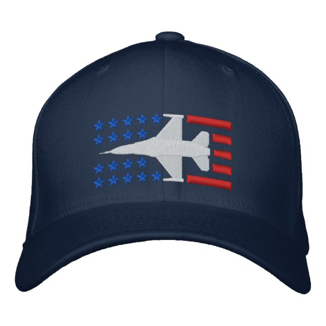 F-16 Fighter Jet Stars and Stripes Red White Blue Embroidered Hat (Front)