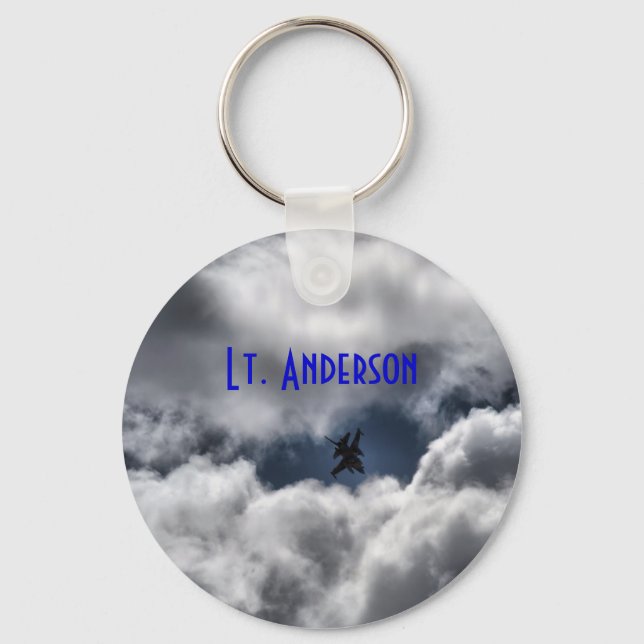 F-16 Fighting Falcon in Clouds with Full Name Key Ring (Front)