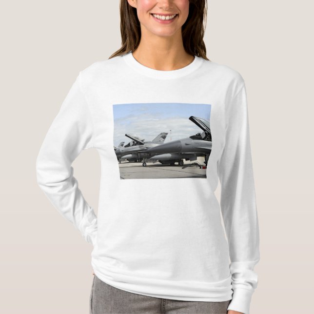 F-16 Fighting Falcons await to launch T-Shirt (Front)