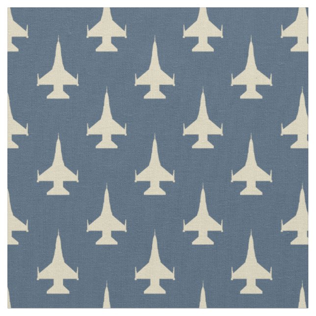 F-16 Viper Fighter Jet Pattern Cream on Dusty Blue Fabric (Close Up)