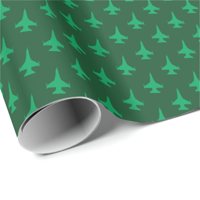 F-16 Viper Fighter Jet Pattern Green on Green Wrapping Paper (Roll Corner)