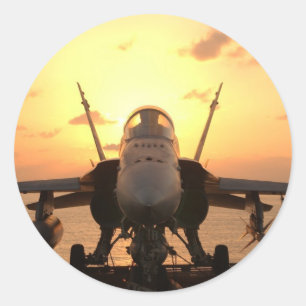 F-18 Hornet at sea aboard US Aircraft Carrier Classic Round Sticker