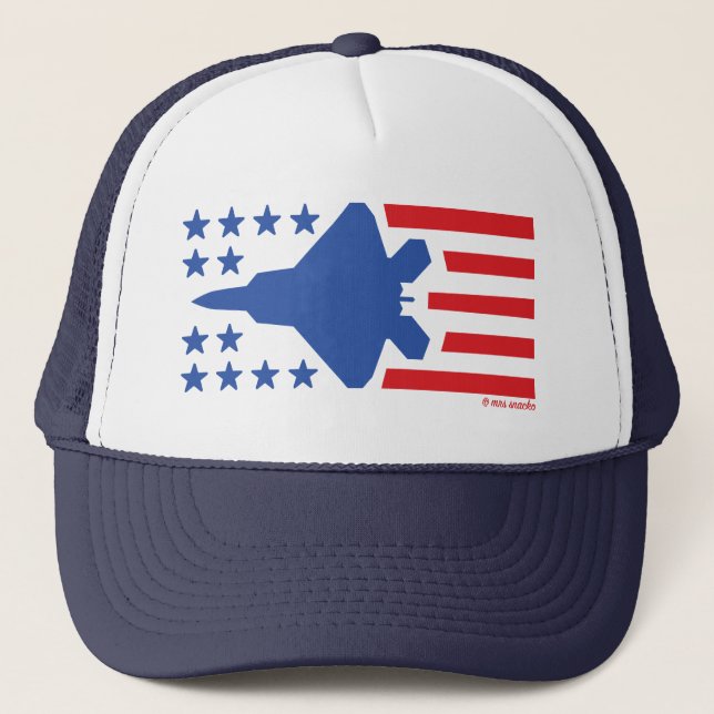F-22 Fighter Jet Stars and Stripes Red and Blue Trucker Hat (Front)