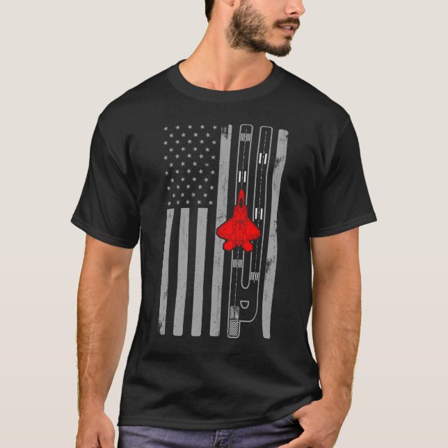 F-22 Raptor Fighter Jet American Flag Runway F22 T-Shirt (Front)