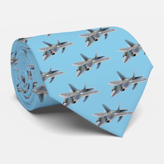 F-22 Raptor Fighter Jet on Sky Blue Tie (Rolled)