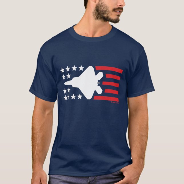 F-22 Raptor Fighter Jet White Stars Red Stripes T-Shirt (Front)