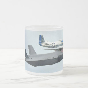 F-35 Fighter Jet with P-51 Mustang Frosted Glass Coffee Mug