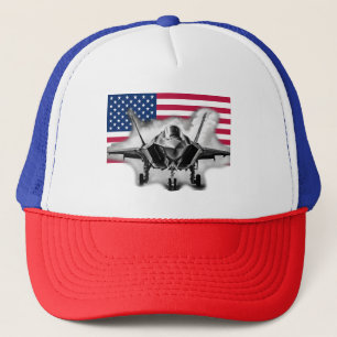 F-35 Fighter Jet with US Flag Background Trucker Hat