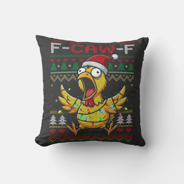 F-CAW-F Funny Screaming Chicken Ugly Christmas Cushion (Front)