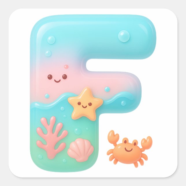 "F" Cute Bubble Letter - Underwater Sea Creature A Square Sticker (Front)