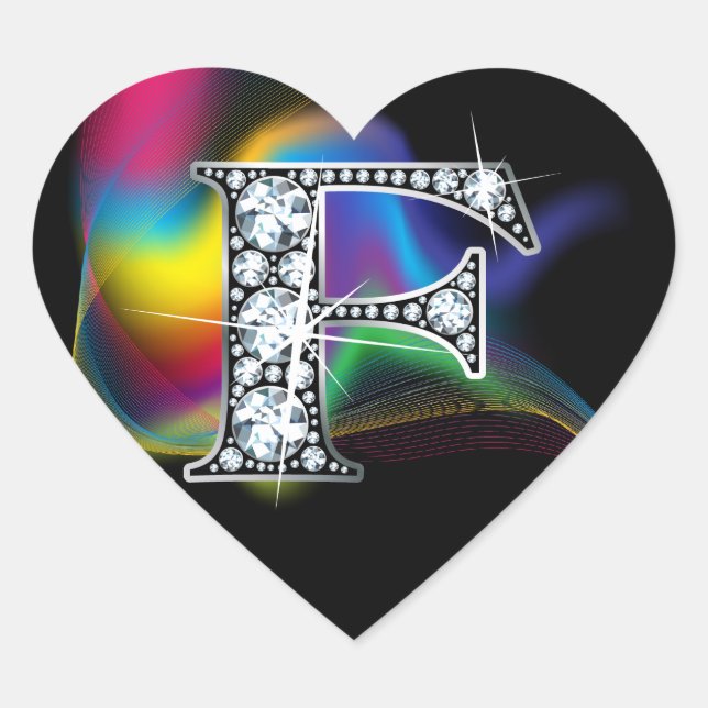 "F" Diamond Bling on Rainbow Swirl Heart Sticker (Front)