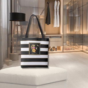 F Gold Floral Monogram   Black White Gold Stripes Tote Bag