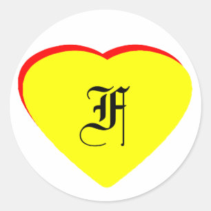 "F" Heart Yellow Red Wedding Invitation The MUSEUM Classic Round Sticker