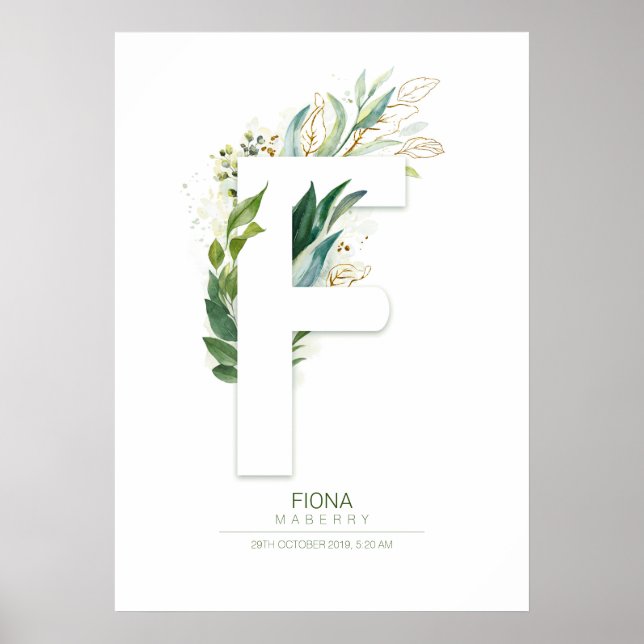 F Letter Monogram Gold Greenery Foliage Chic Poster (Front)