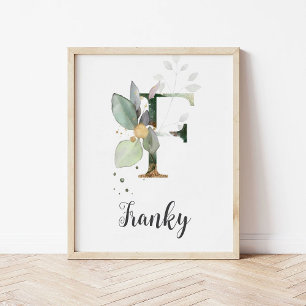 F Letter Monogram Greenery Nursery Name Wall Print