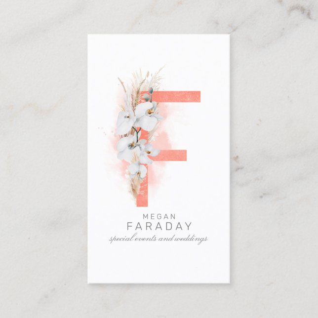 F Letter Monogram White Orchids and Pampas Grass Business Card (Front)