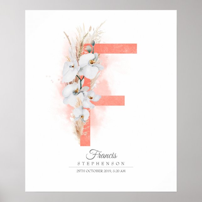 F Letter Monogram White Orchids and Pampas Grass Poster (Front)