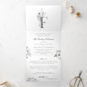 'F' Monogram Beautiful Sketched Floral Wedding Tri-Fold Invitation