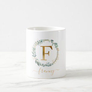 F monogram, customer specific leafy wreath  coffee mug