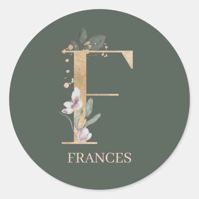 F Monogram Floral Personalised Classic Round Sticker (Front)