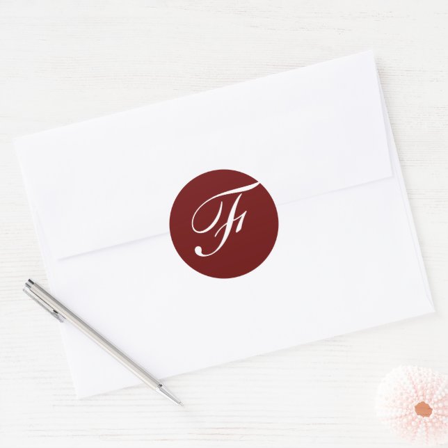F Monogram Initial White on Maroon Classic Round Sticker (Envelope)