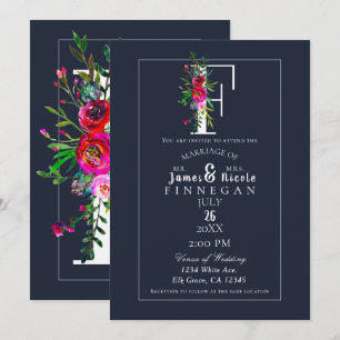 F Monogram Last Initial Modern Blue Floral Wedding Invitation