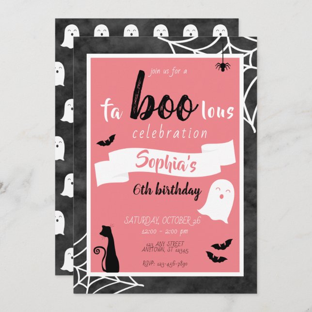 Fa"boo"lous Girls Birthday Ghost Halloween Invitat Invitation (Front/Back)