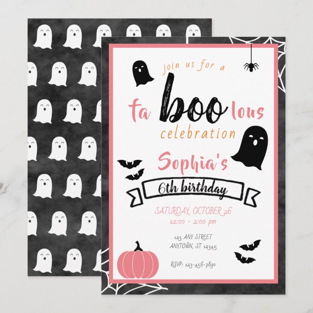 Fa"boo"lous Girls Birthday Ghost Halloween Invitation (Front/Back)