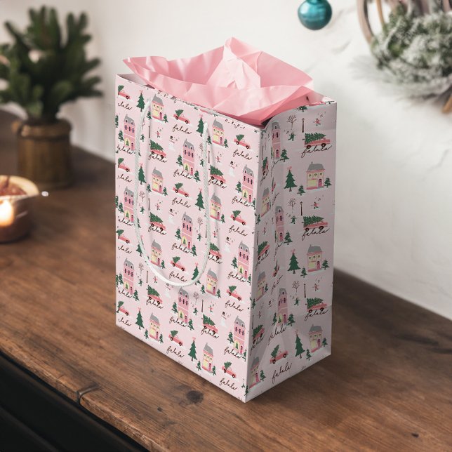 Fa La Home For The Holidays Town & Pink Retro Van Medium Gift Bag (Fa La Home For The Holidays Town & Pink Retro Van Medium Gift Bag)
