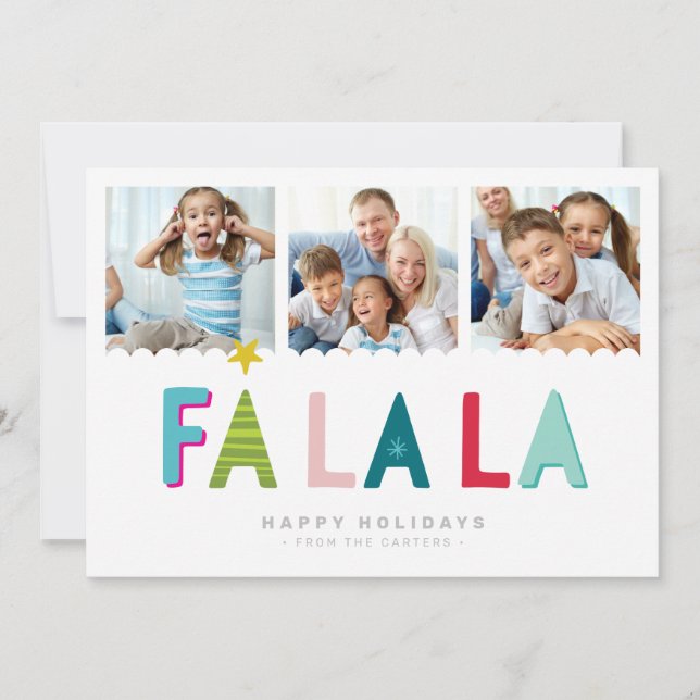 FA LA LA 3 PHOTO festive fun bold bright colourful Holiday Card (Front)