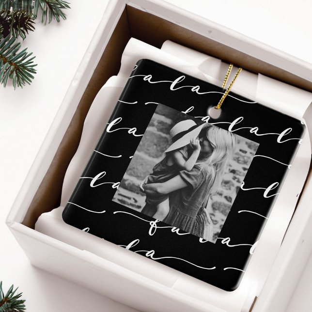 FA LA LA Black & White Calligraphy Christmas Photo Ceramic Ornament (FA LA LA Black & White Calligraphy Christmas Photo Ceramic Ornament)