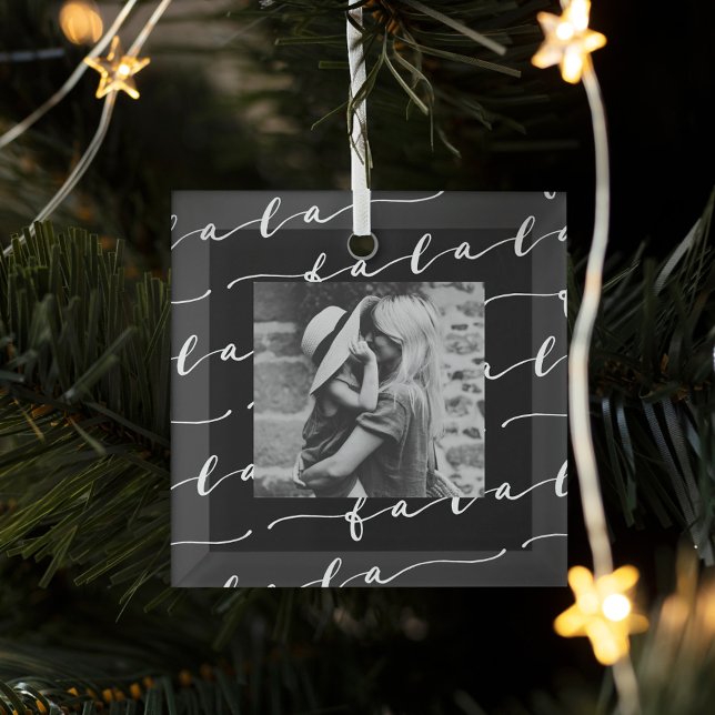 FA LA LA Black & White Calligraphy Christmas Photo Glass Tree Decoration (FA LA LA Black & White Calligraphy Christmas Photo Glass Ornament)