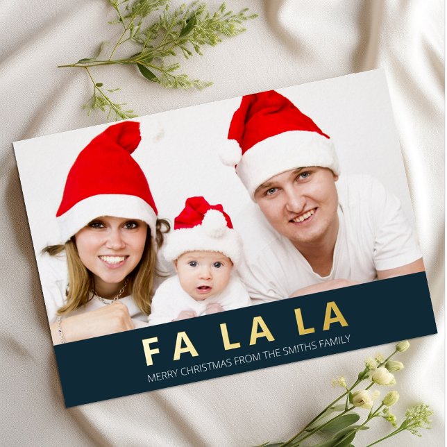 Fa La La Blue Gold Modern Christmas Photo Foil Holiday Card (Creator Uploaded)