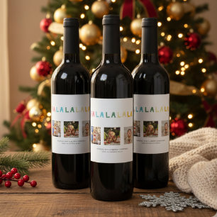 Fa La La Christmas 3 Photo Collage Cute Pastel Wine Label