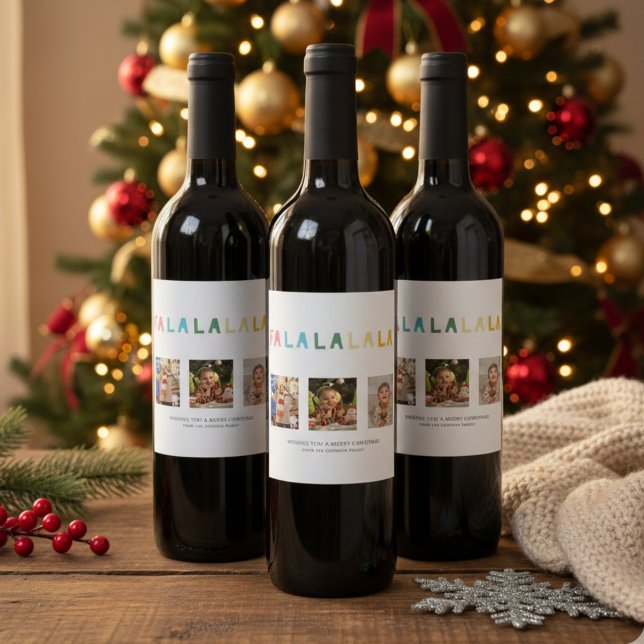 Fa La La Christmas 3 Photo Collage Cute Pastel Wine Label (Creator Uploaded)