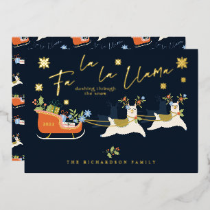 Fa La La Christmas Llama Reindeers & Sleigh Gifts Foil Holiday Card