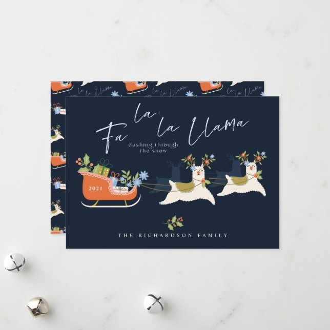 Fa La La Christmas Llama Reindeers & Sleigh Gifts Holiday Card (Front/Back In Situ)
