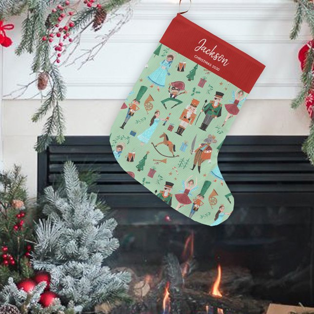 Fa La La Christmas Nutcracker Ballet Dancer green Large Christmas Stocking (Christmas Nutcracker traditional classic Holiday Stocking.)