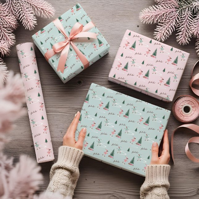 Fa La La Cute Pink Elf Ice Skating Girly Wrapping  Paper Sheet (Fa La La Cute Pink Elf Ice Skating Girly Wrapping Wrapping Paper Sheets)